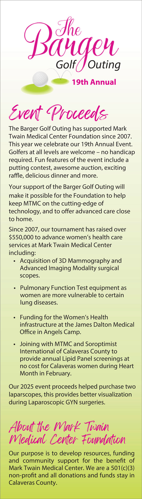 The Barger Golf Outing 2026 - Event Proceeds graphic